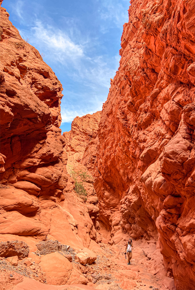 alt="Girl Carrying Her Camera and Walking Exploring The Red Rocks in Jujuy Northern Argentina"