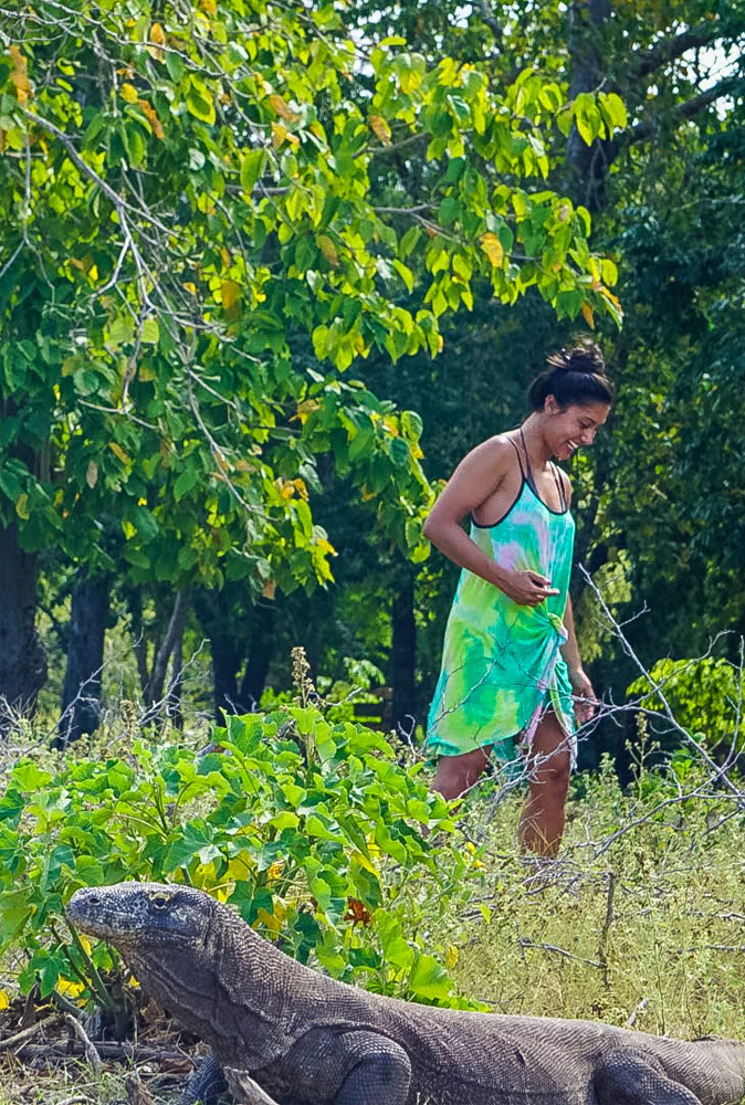 alt="Girl in Green Tie Dye Dress Walking Off Smiling as She Just Saw a Komodo Dragon"