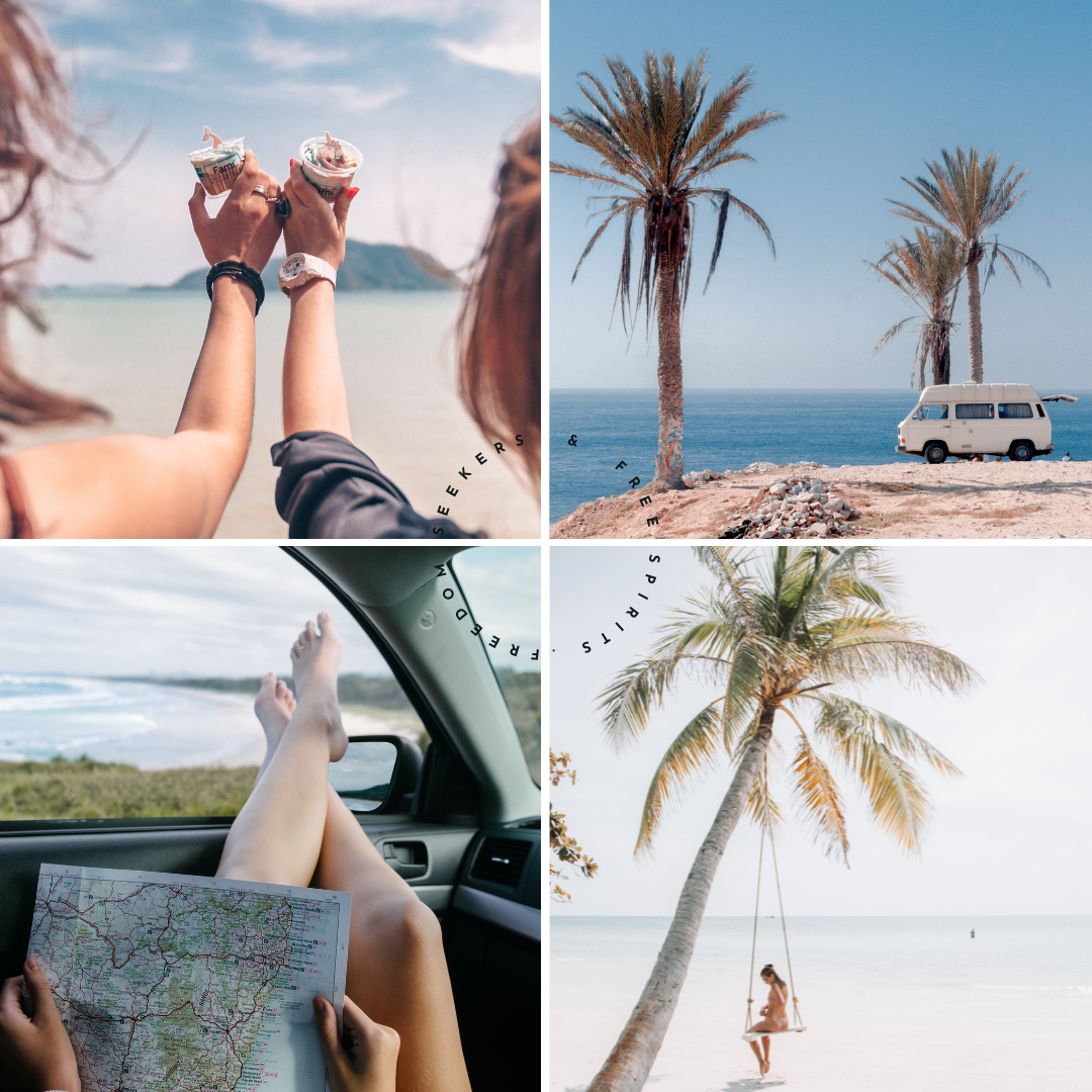 alt="Collage of images showing palm trees, camper van, girl looking at map and girl sitting on a swing on the beach under a palm tree"